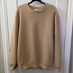 Zara Men's Crewneck Sweater in Beige Textured Knit